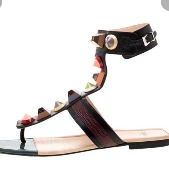 New! FENDI multicolor leather and lizard embossed multi studded Size 38 flats - Picture 2 of 10